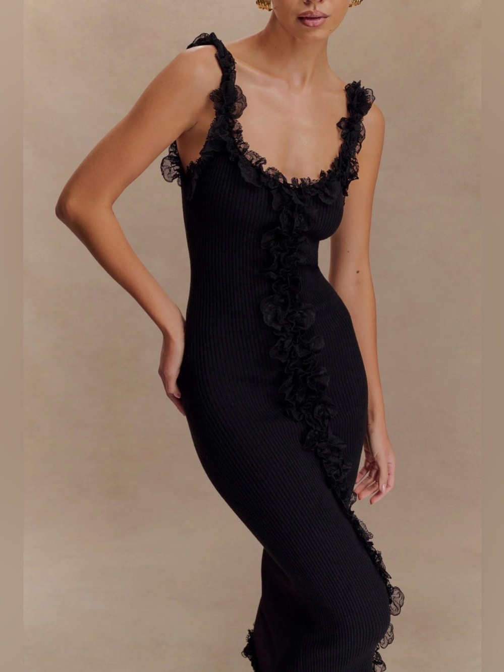 Meshki Shay Ruffle Knit Midi Dress - Black